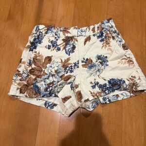 Abercrombie & Fitch Cream and Blue Floral High Waist Double Lined Linen Shorts
